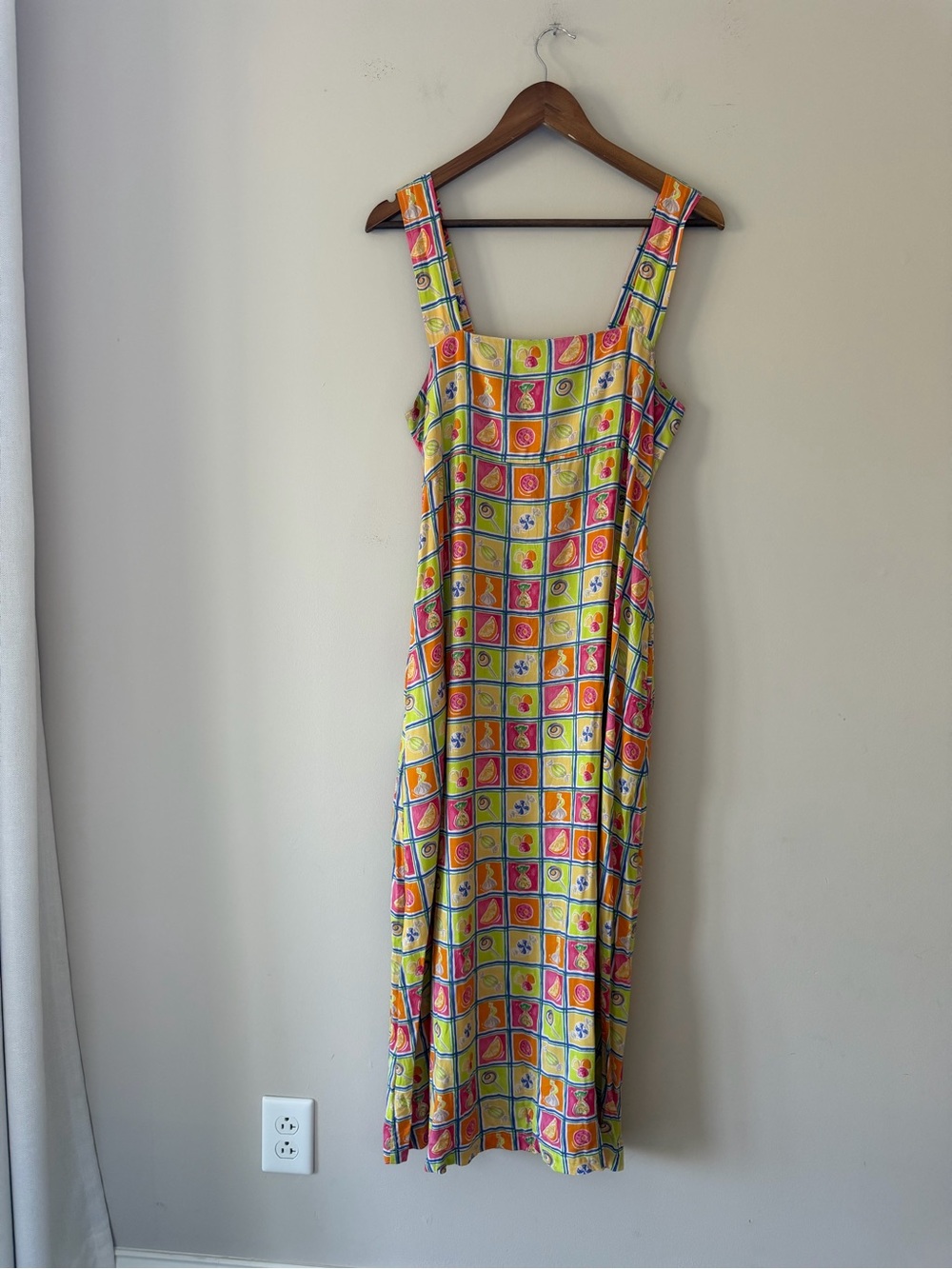 Weekend Traffic Vintage Square-Neck Midi Dress in Bright Colorful Candy Print